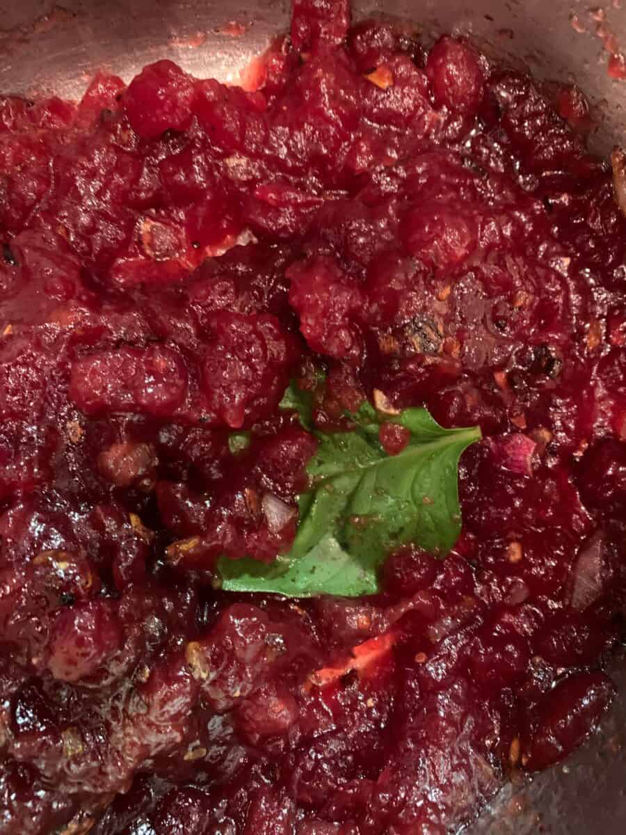 One leaf of basil in cranberry sauce.