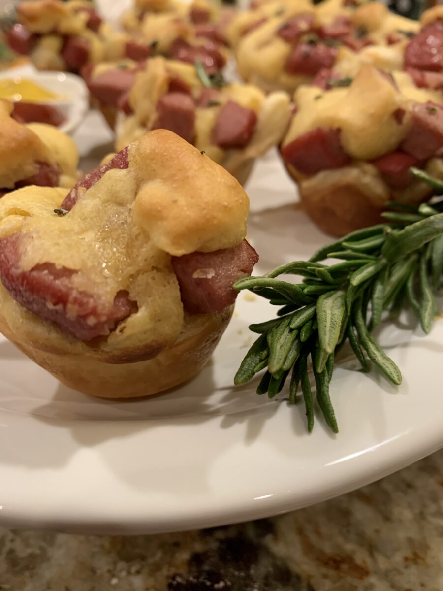 Corn dog nuggets on a serving dish 