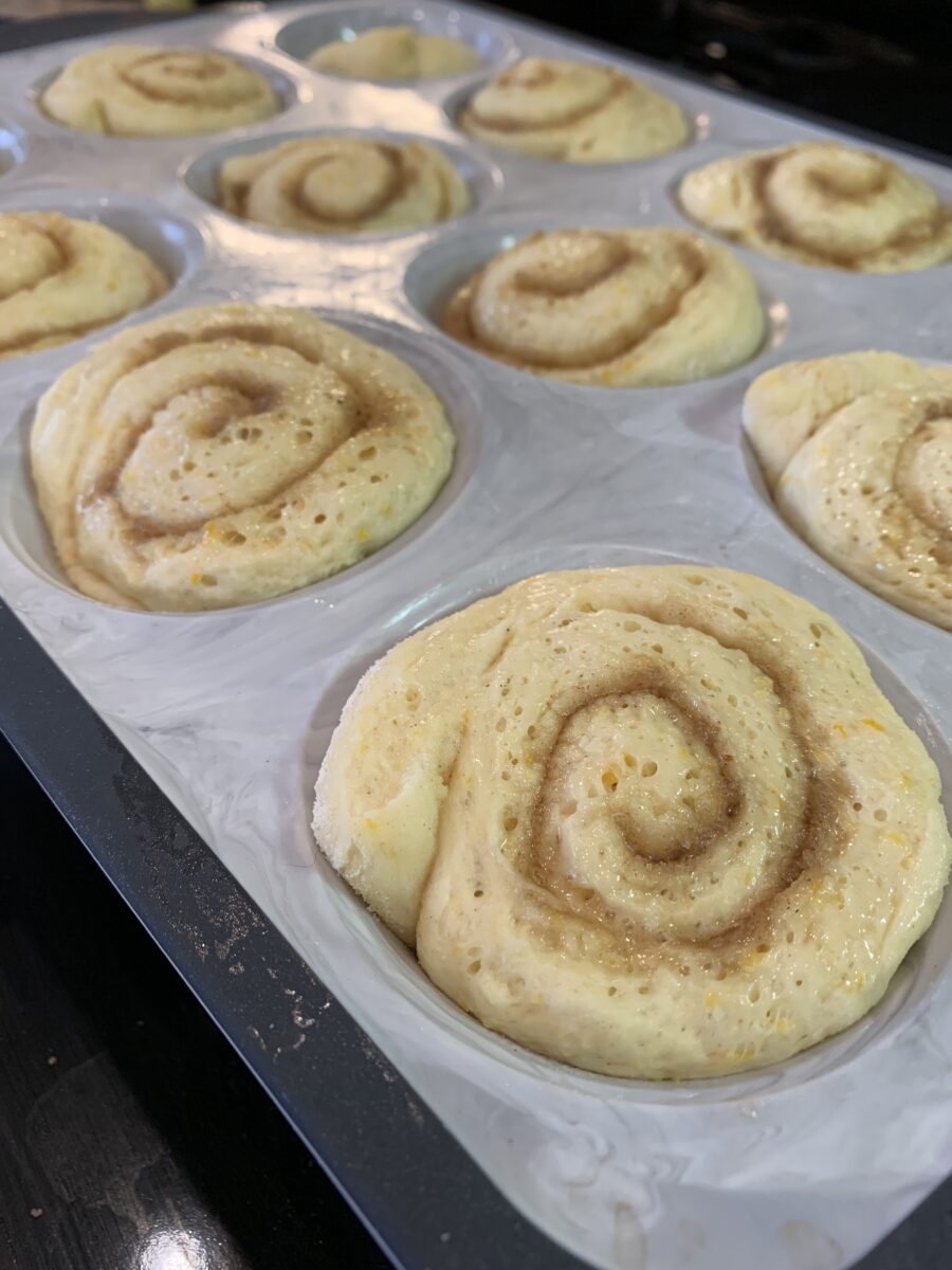 Sweet rolls in the pan, after rising. 