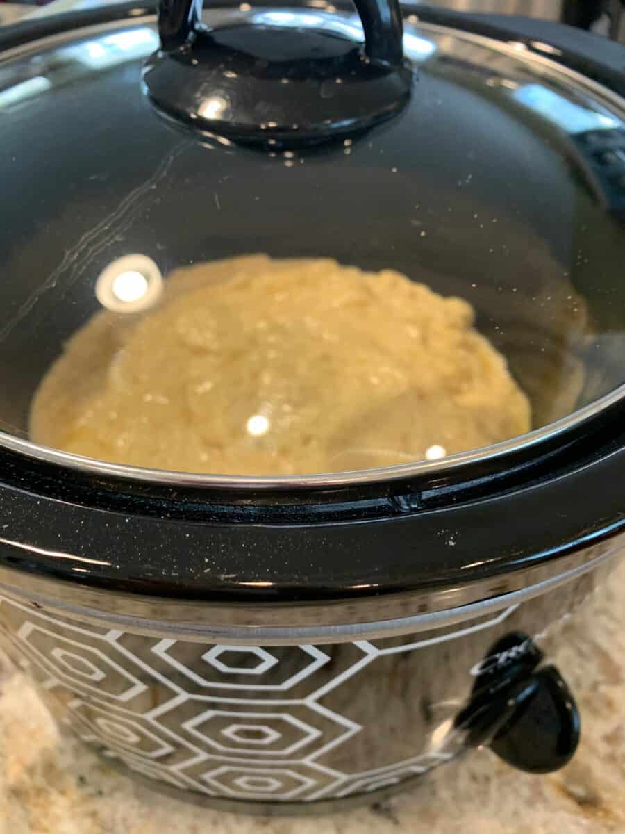 Banana bread dough baking in a Crockpot.