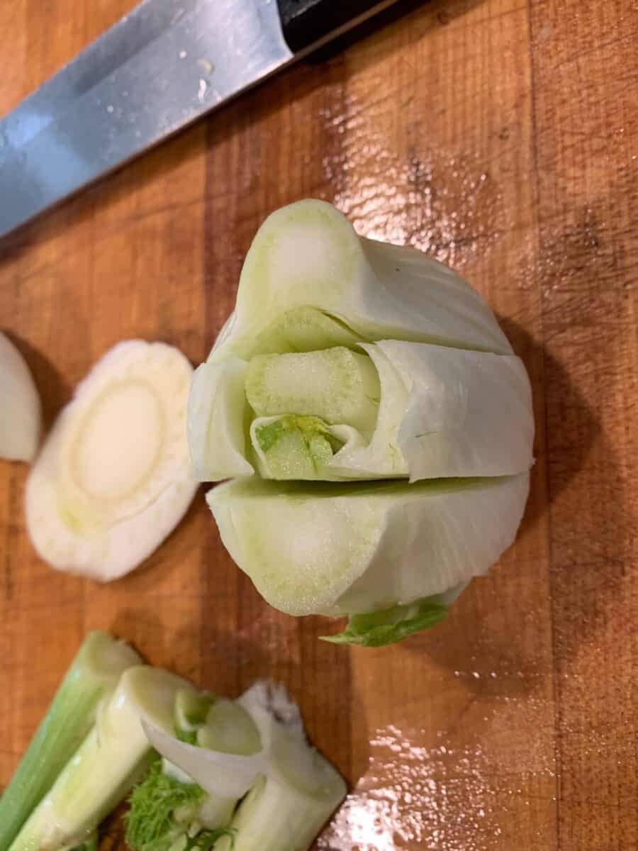 Fennel bulb with small slices in the top of bulb.