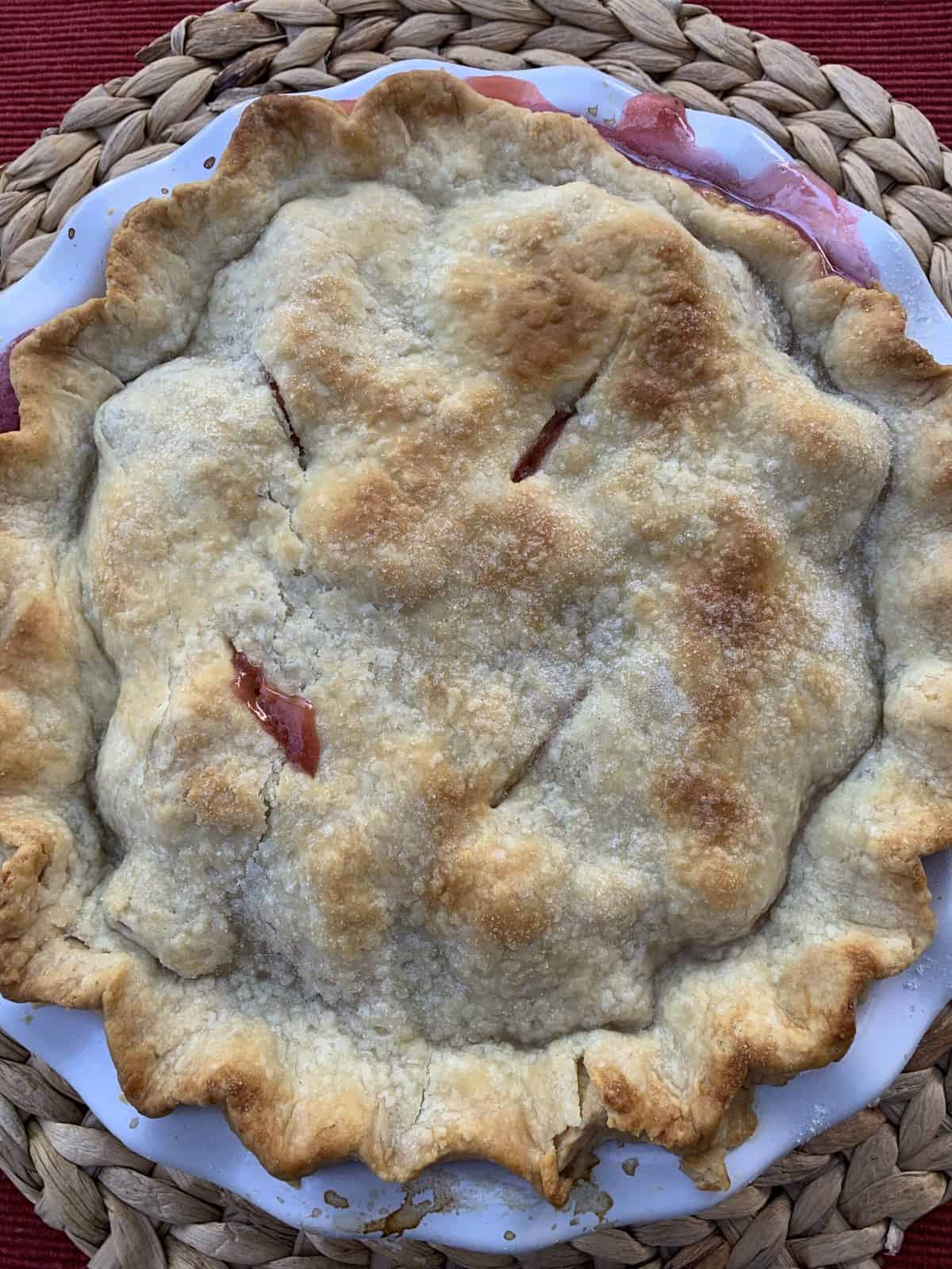 A baked pie, out of the oven.