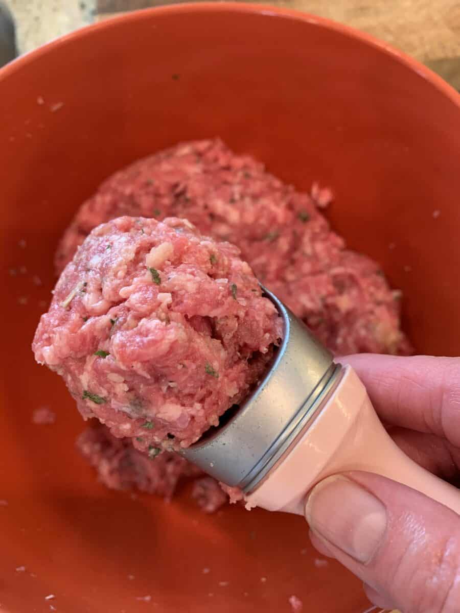 A scoop of raw meat, using an ice cream scoop 