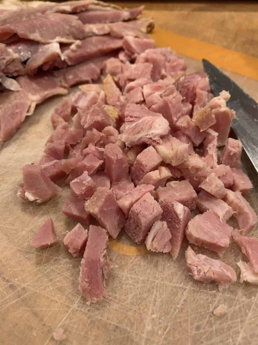 Small pieces of diced ham. 