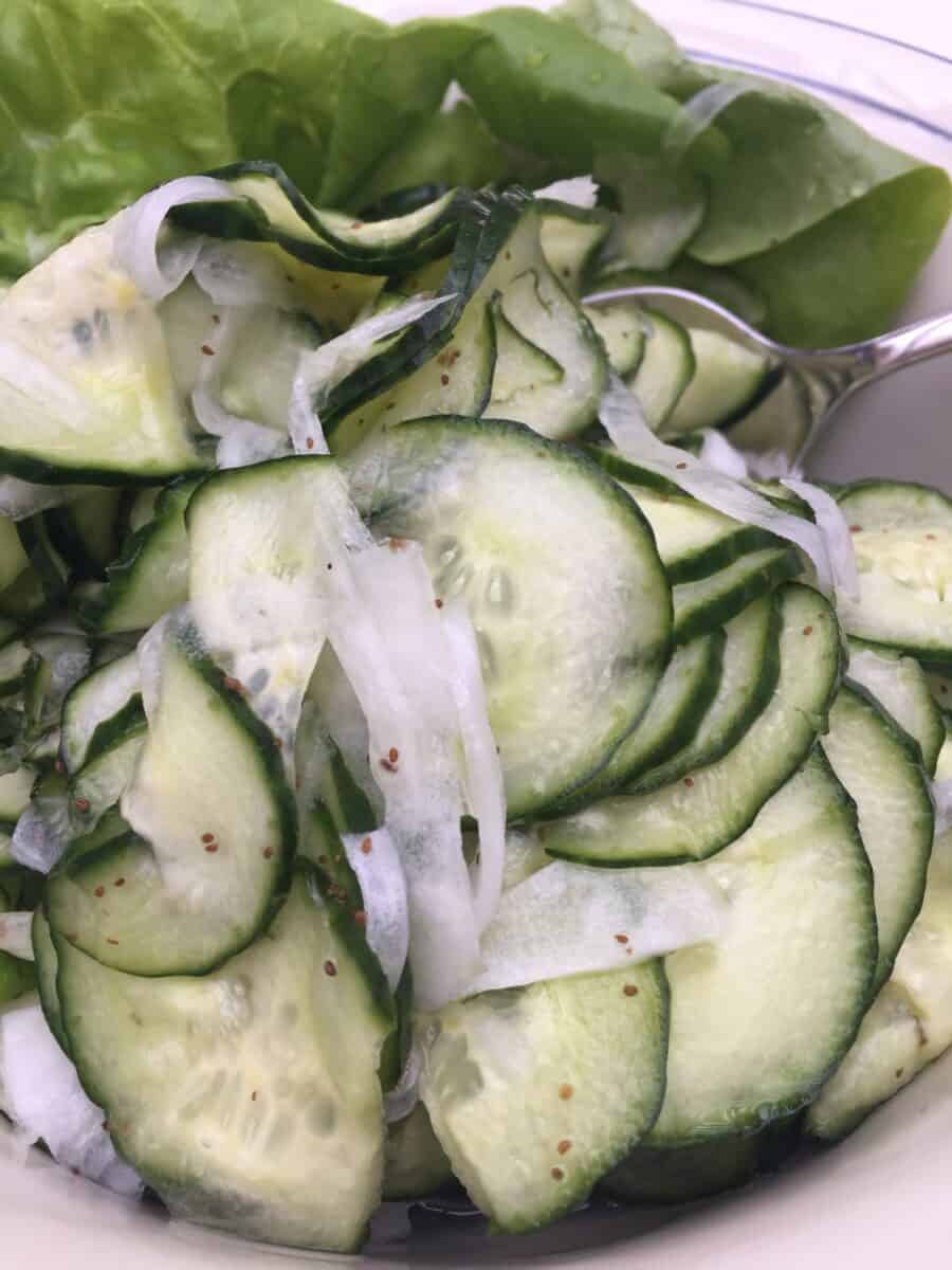 Sliced cucumbers and onion