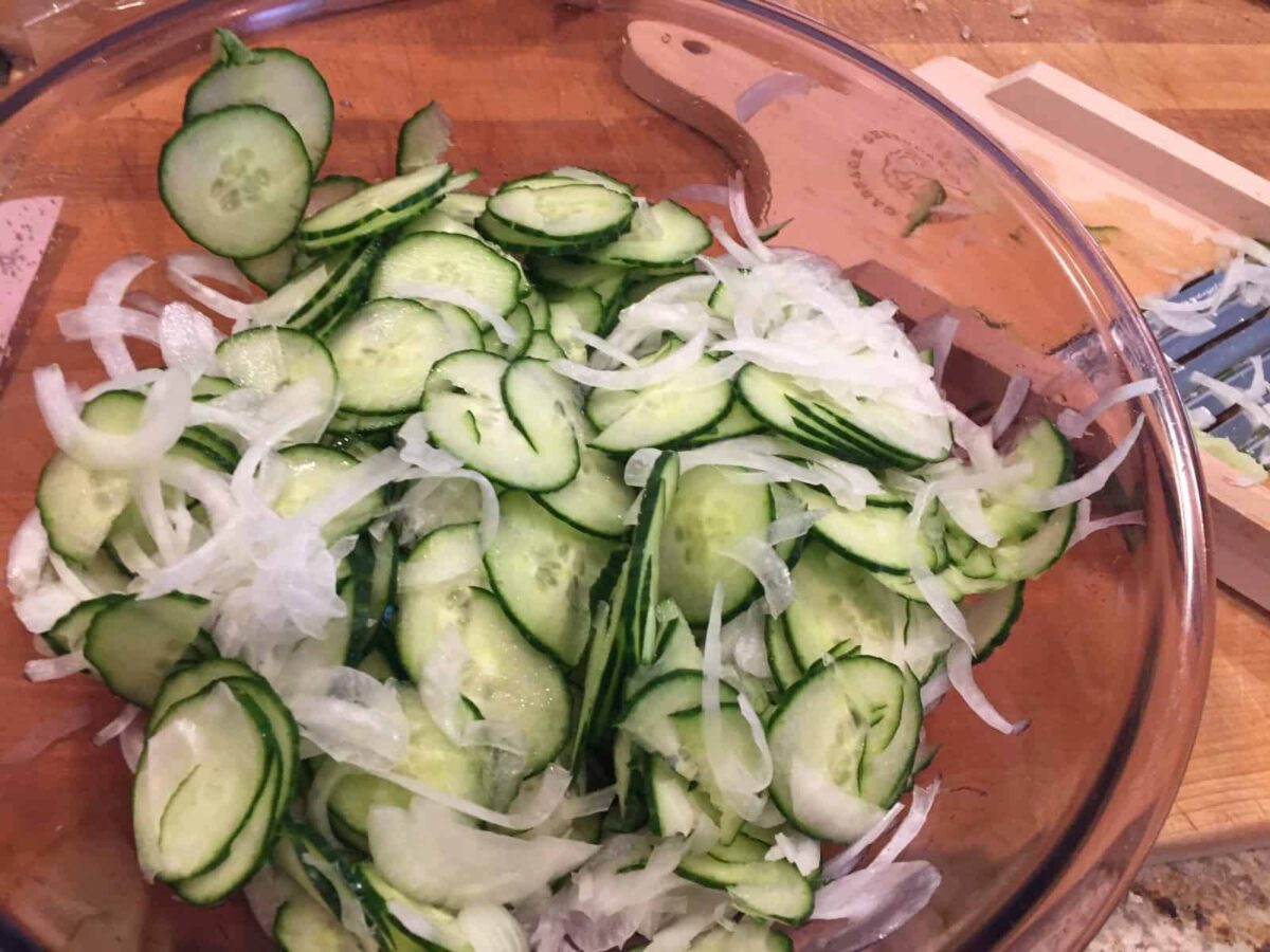 Refrigerator pickle ingredients in a bowl.