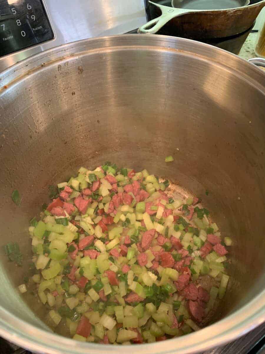 Diced celery, onion and sausage in a large stock pot.