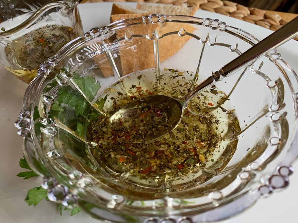 Dipping oil in a small glass bowl.