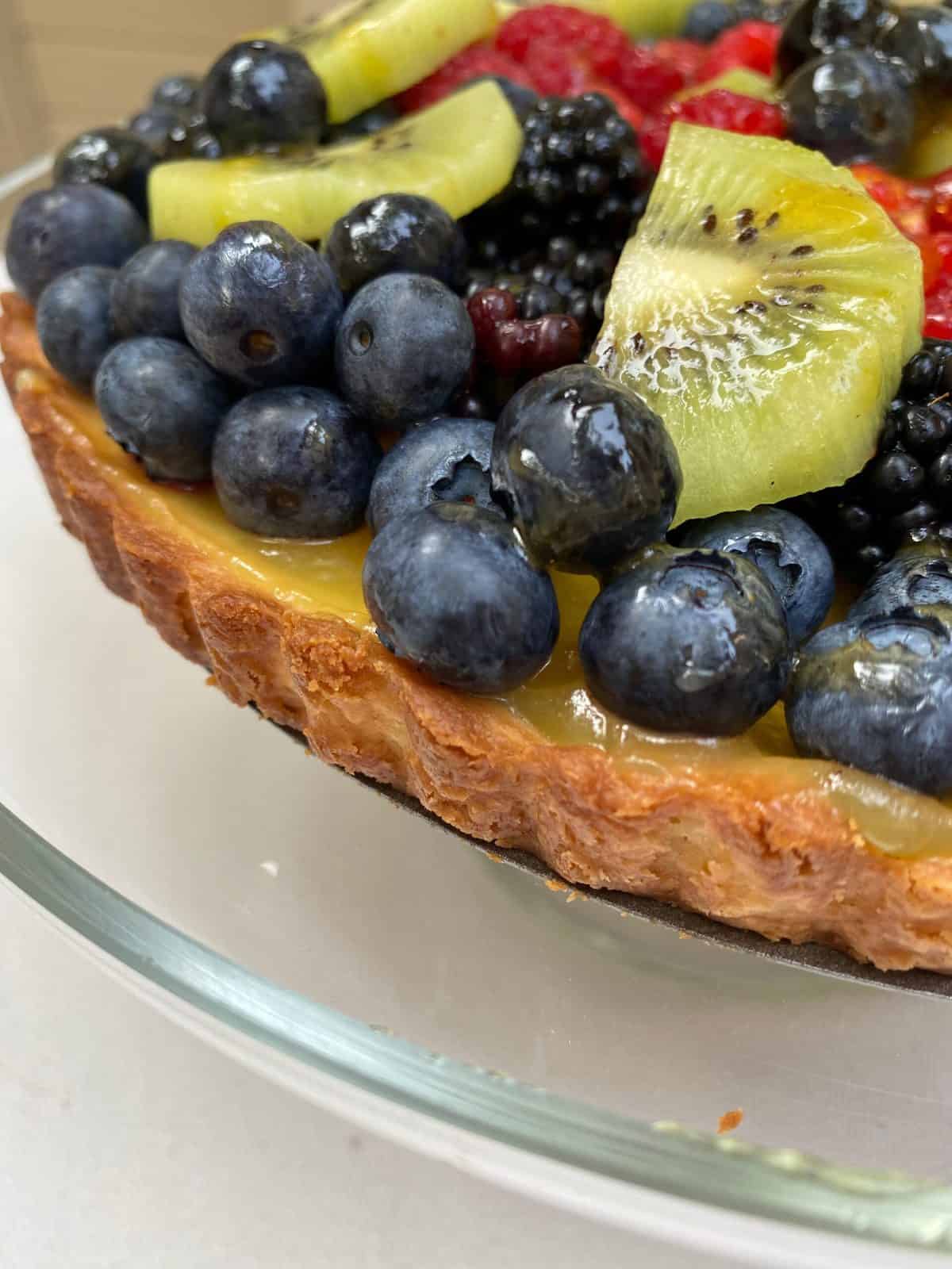 Berries arranged on a shortbread crust.