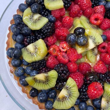 Fruit arranged on a shortbread crust.