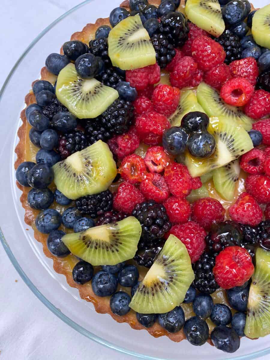 Fruit arranged on a shortbread crust. 