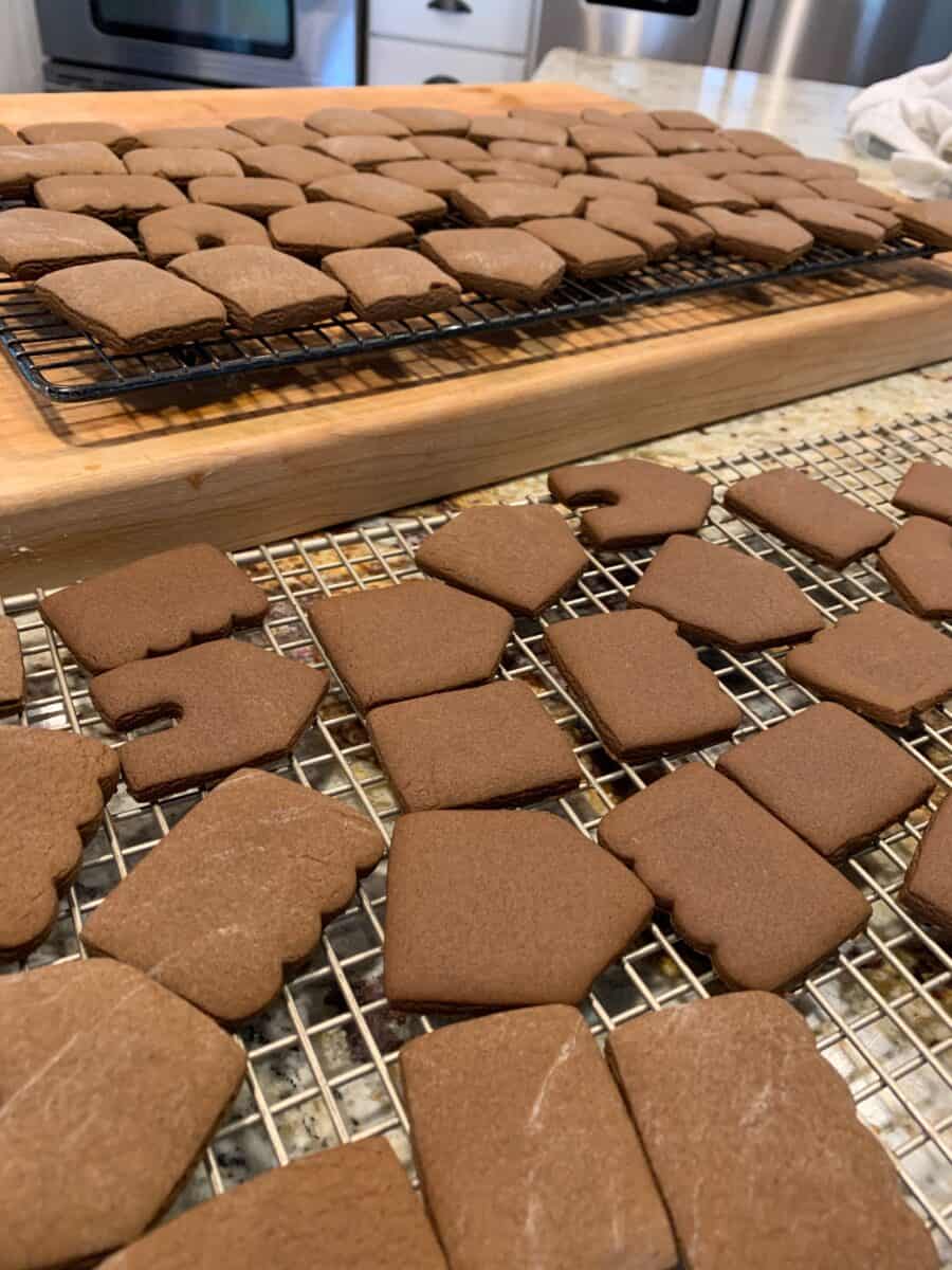 Baked portions of the mini-gingerbread houses, out of the oven. 