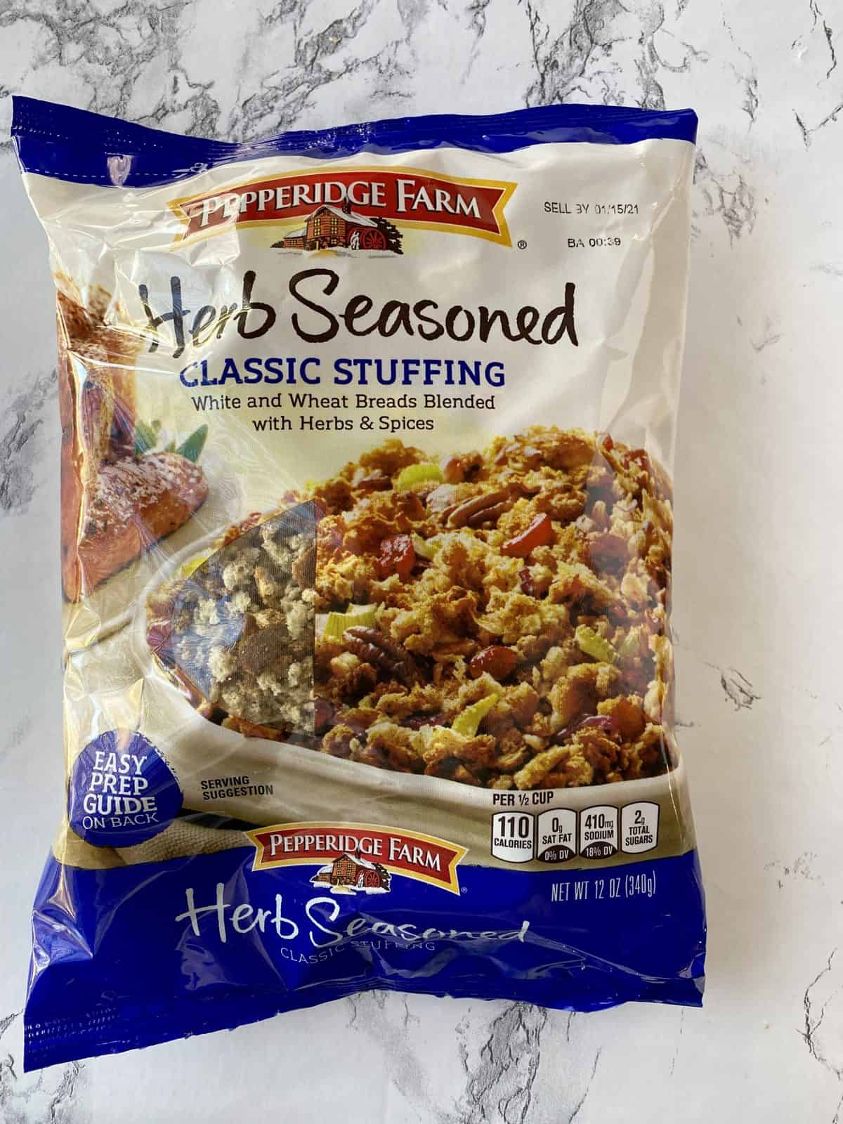 One bag of stuffing mix on a counter.