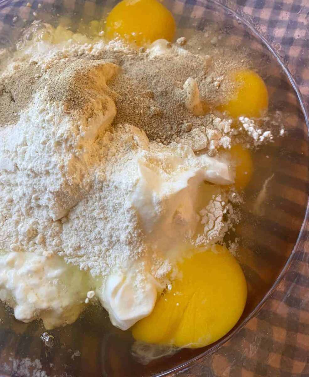 Egg bit ingredients in a bowl.