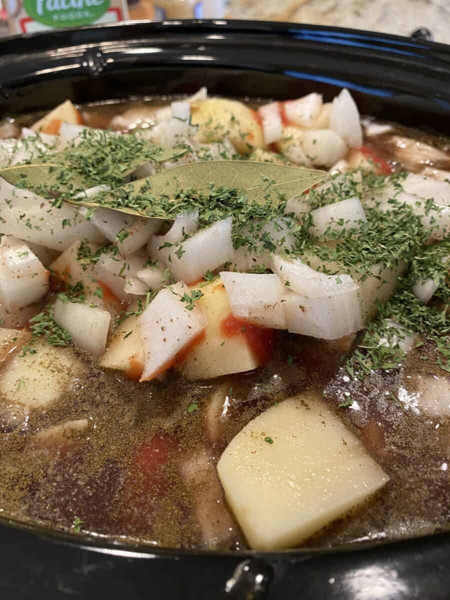 Stew ingredients in the Crockpot. 