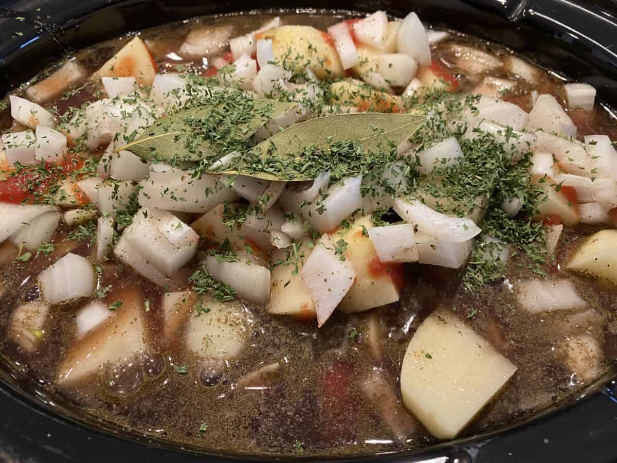 Stew ingredients in the Crockpot