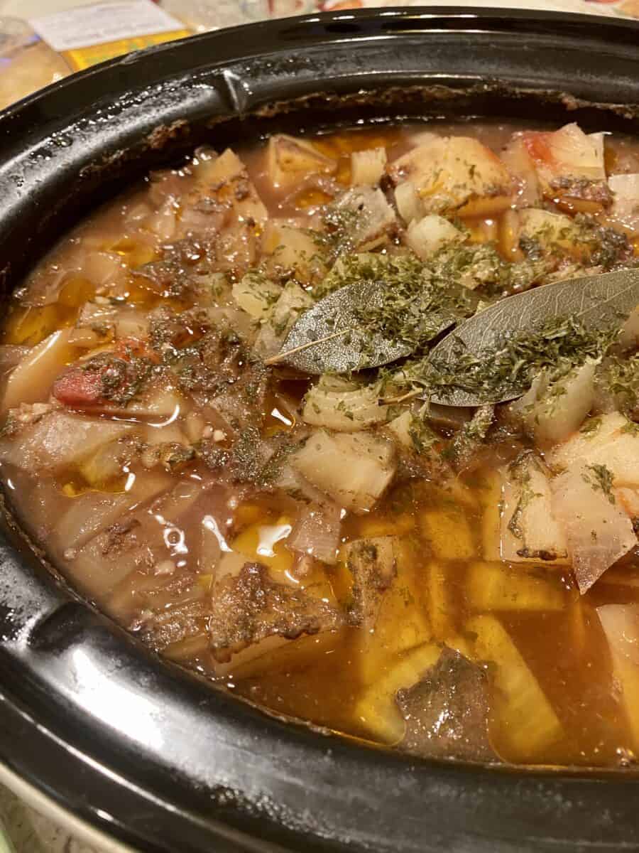 A crockpot full of cooked St. Patrick's Day stew.