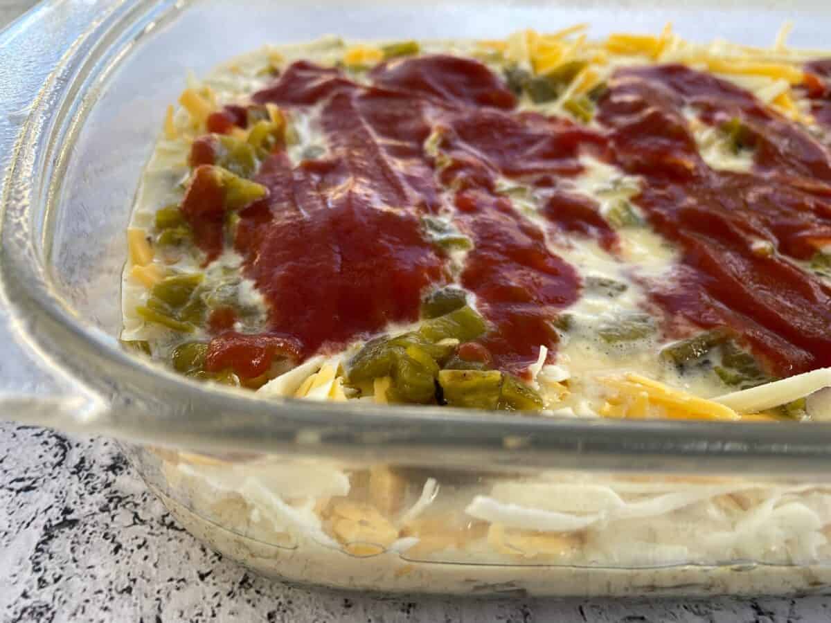 Chili Relleno Casserole, assembled in a baking dish.