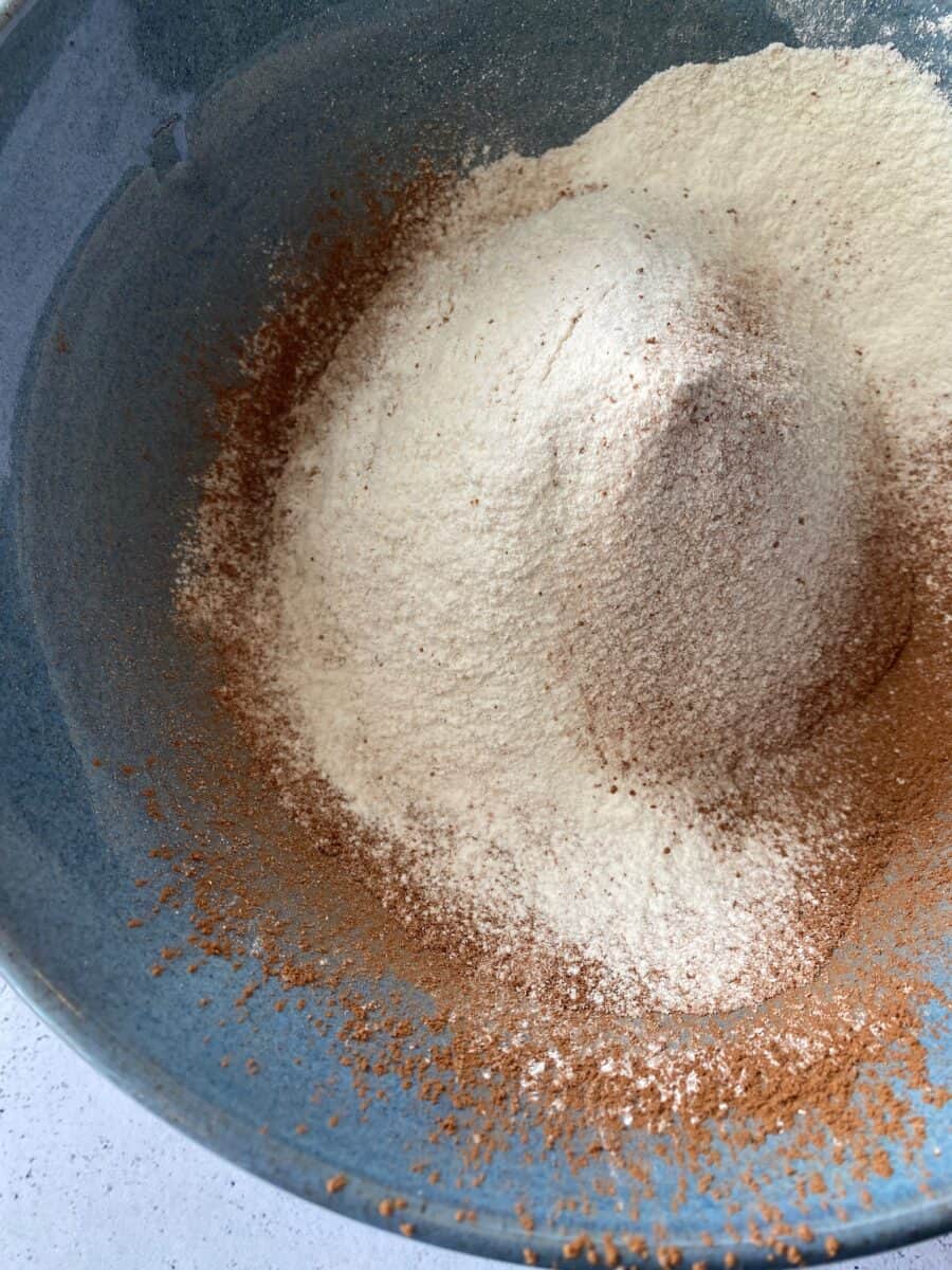 Sifted dry ingredients for old fashioned chocolate pound cake.