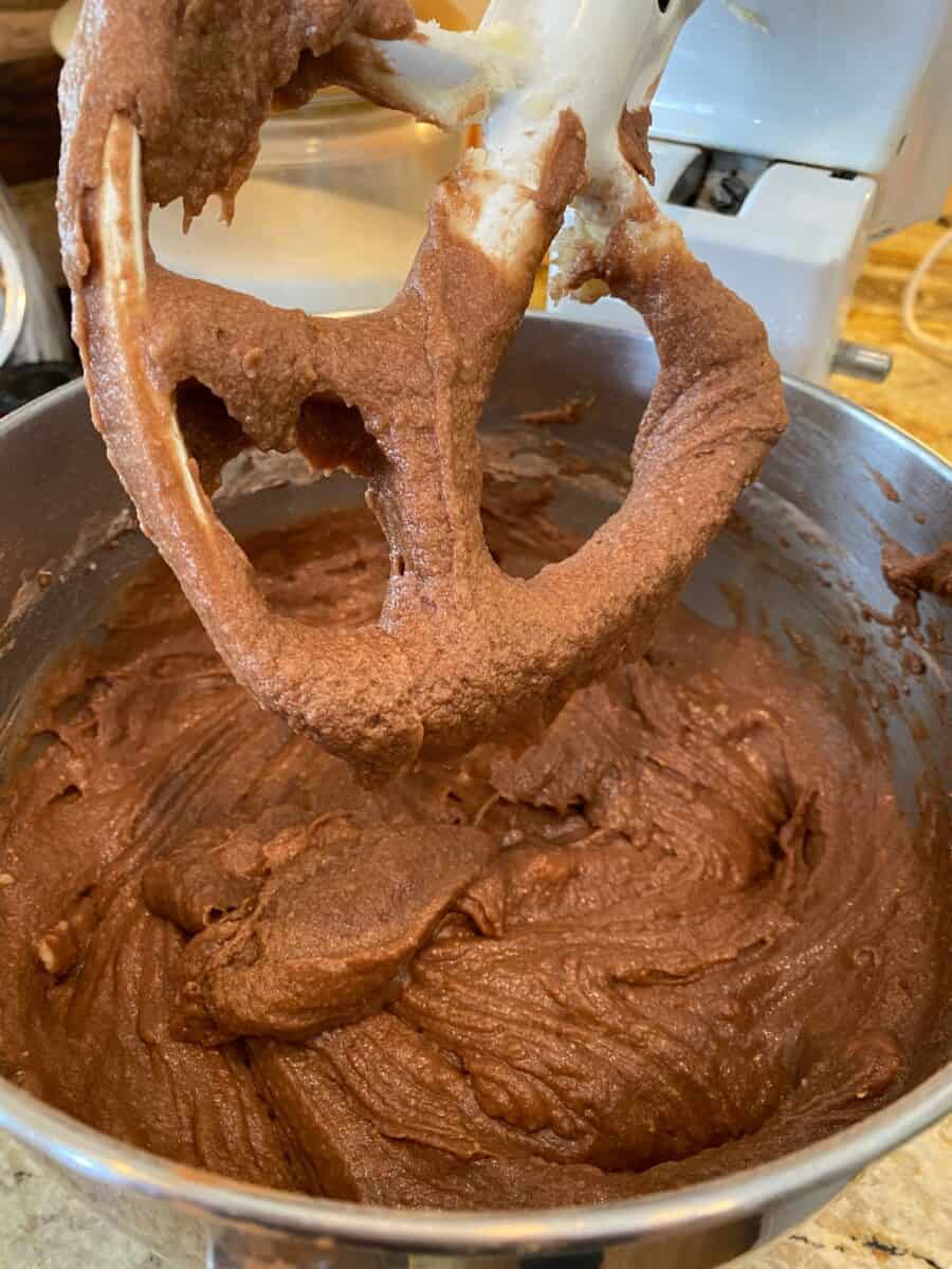 Raw pound cake batter in a mixing bowl.