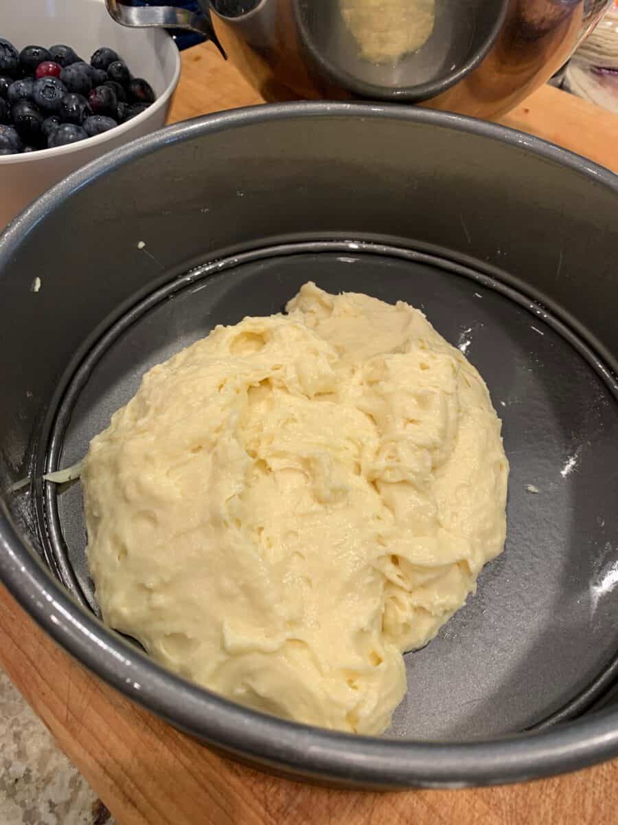 Cake batter in a round pan. 