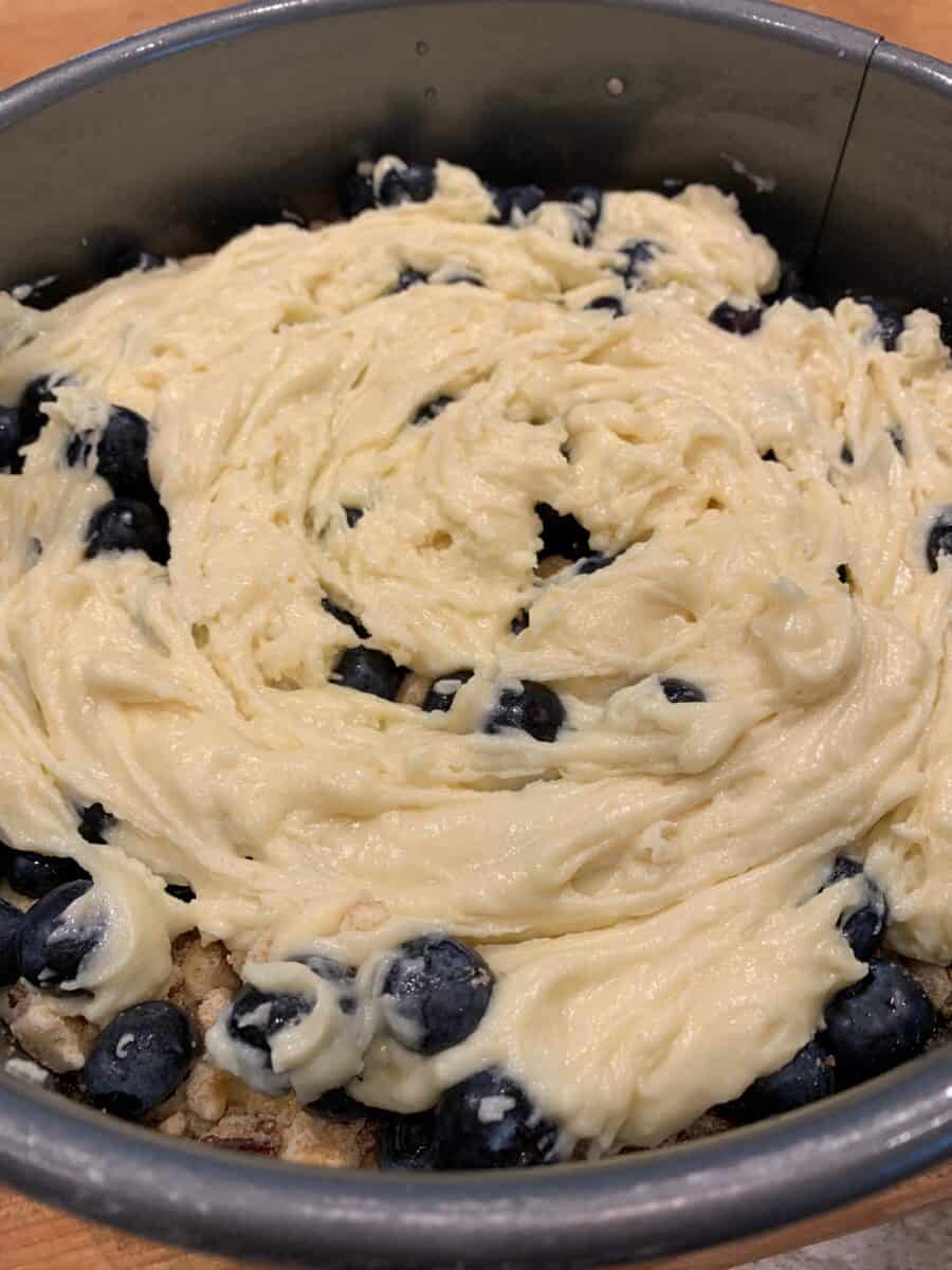 Cake batter on top of fresh blueberries. 