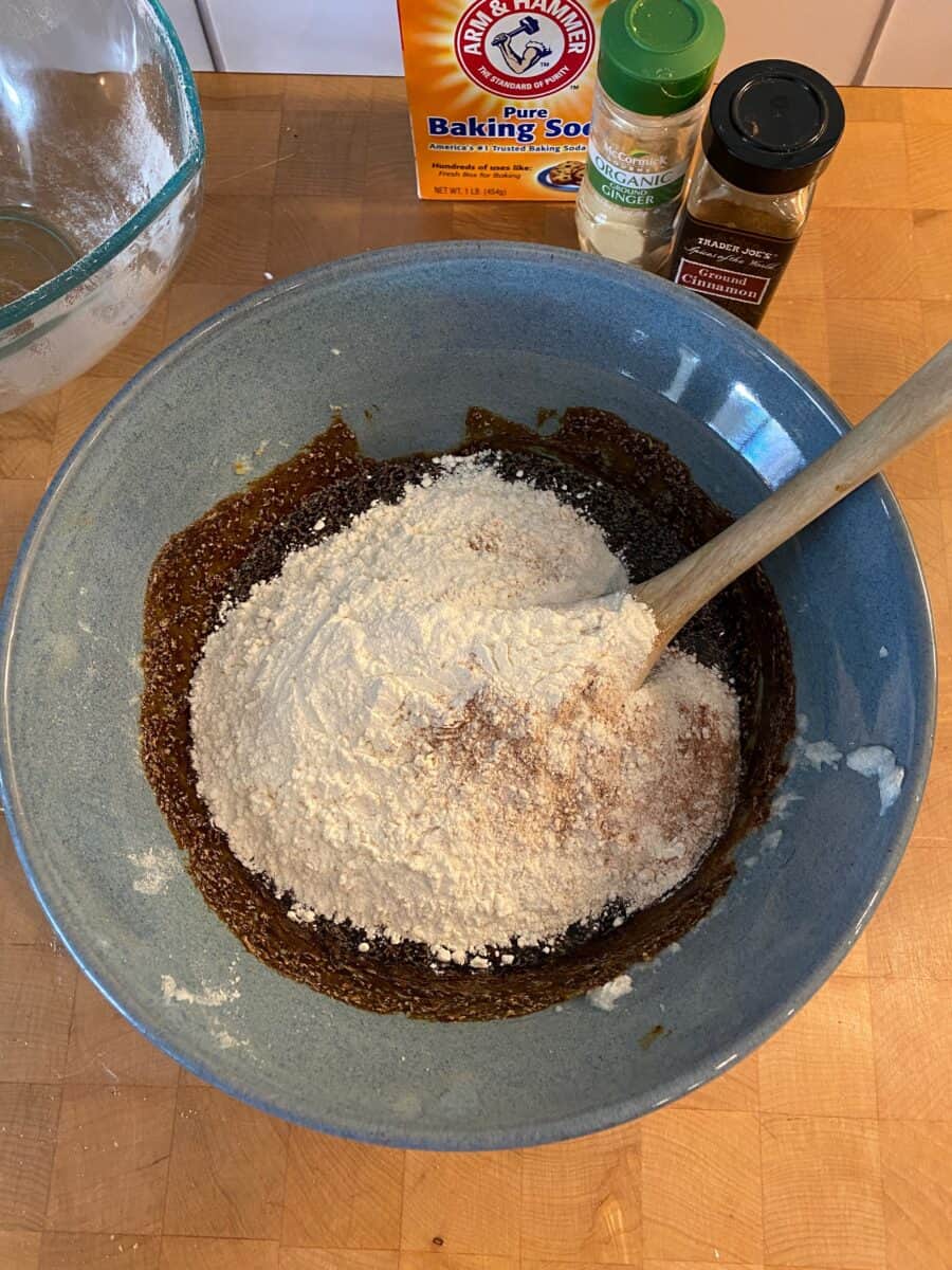 Bowl with dry ingredients and containers off to to the side.