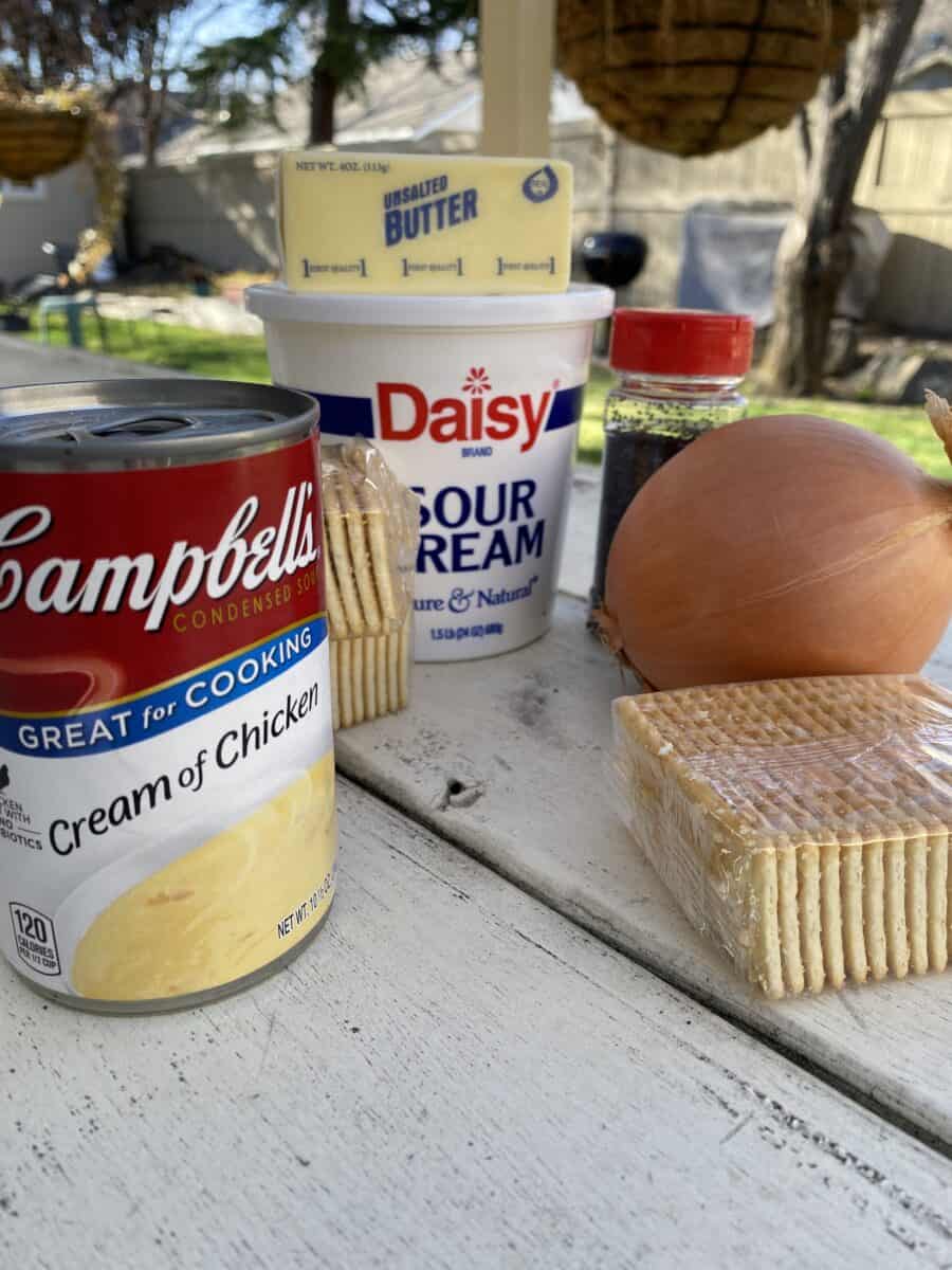 Ingredients for the recipe arranged on an outdoor table.