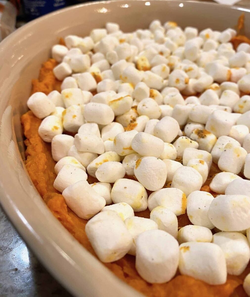 Peppered marshmallows on top of the sweet potato casserole