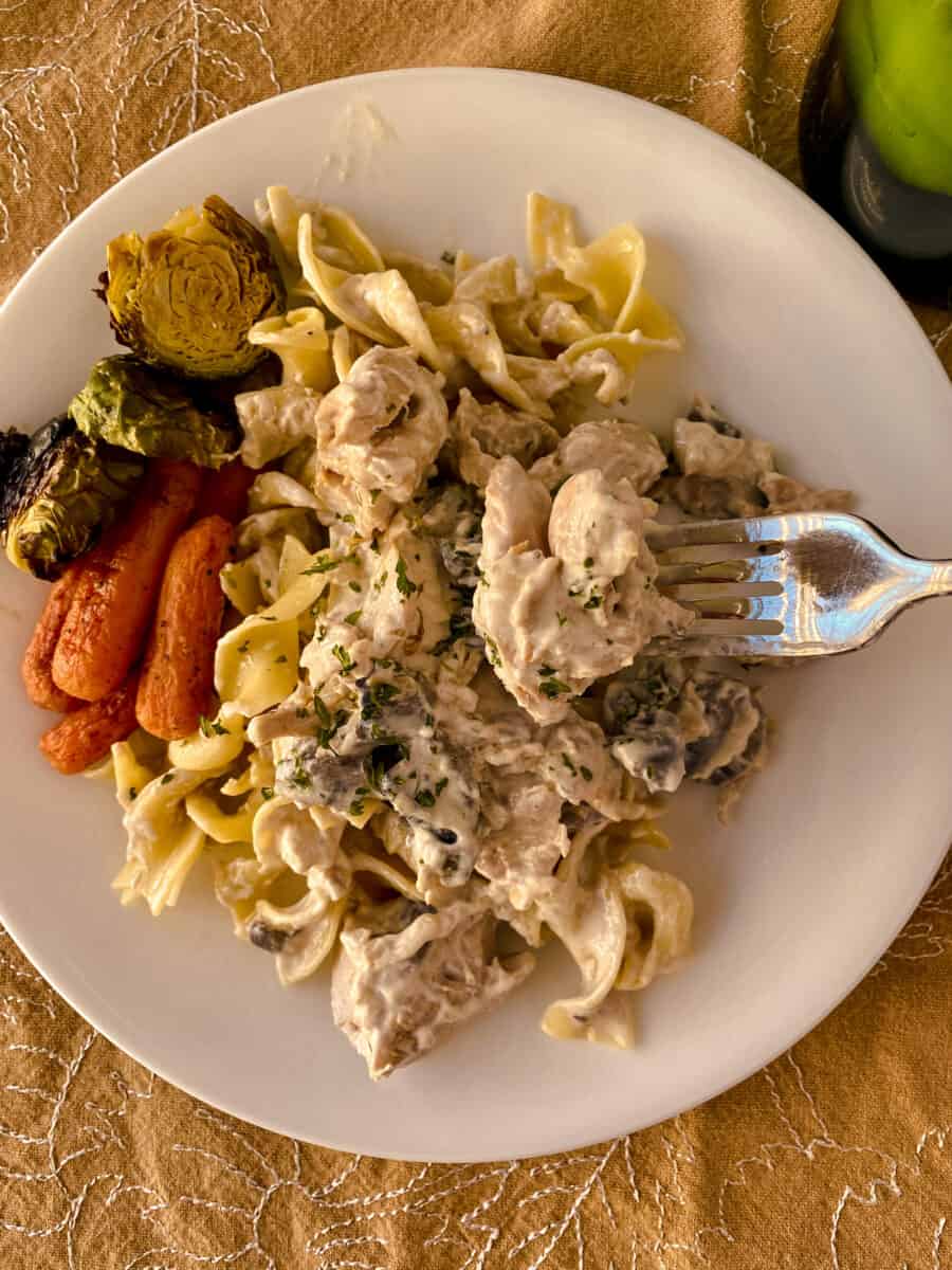 A serving of chicken stroganoff on a plate, on a tablecloth with a fork