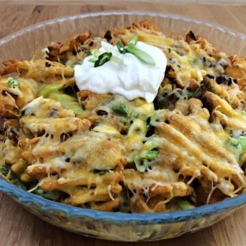 Waffle fries in a small pile in a bowl with spices and sour cream on top