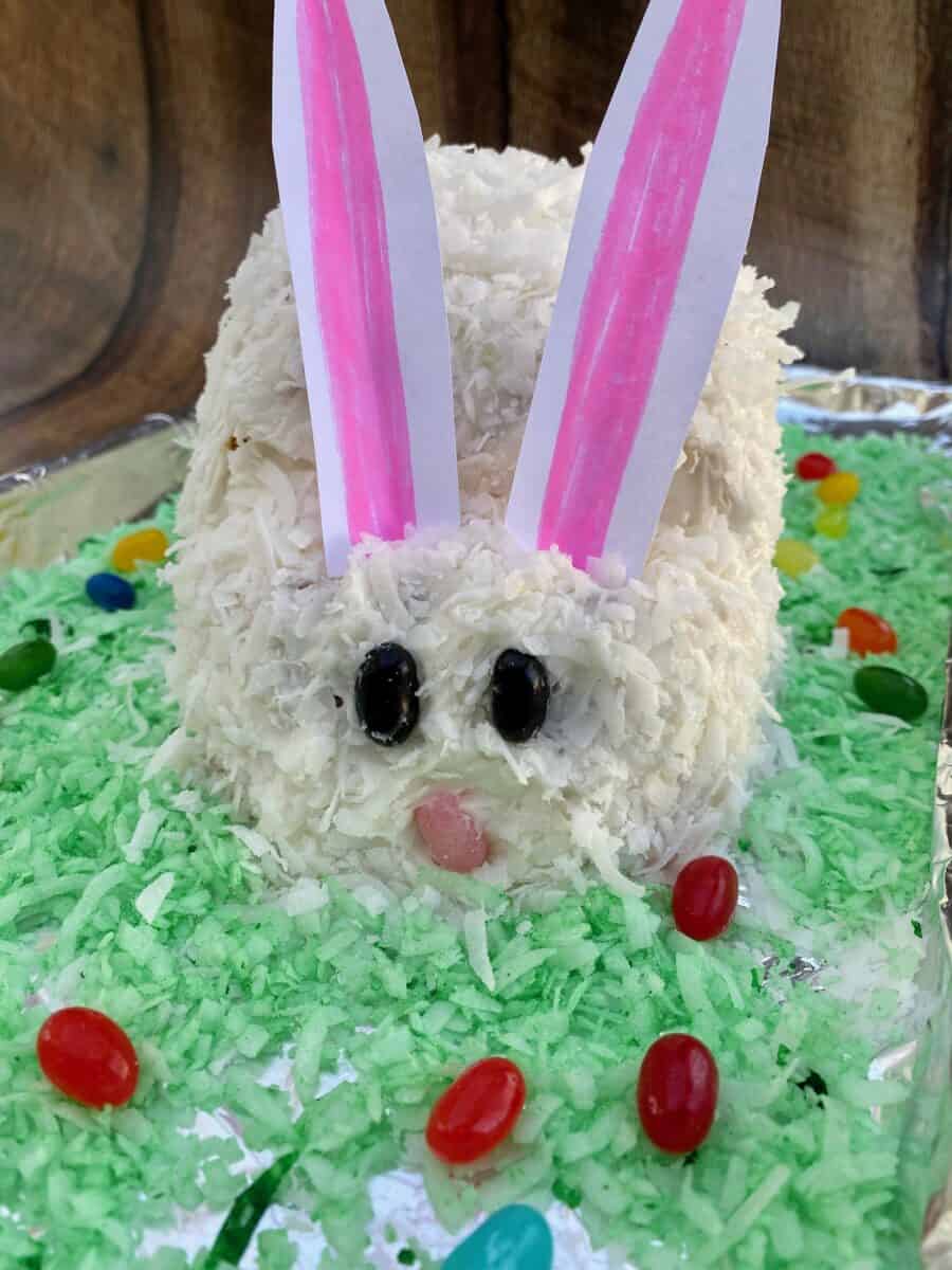 Bunny cake from the front, with paper ears sticking up. 