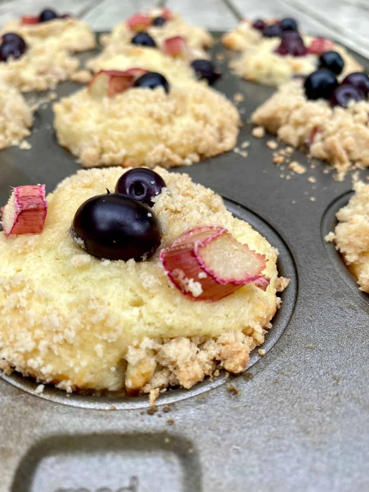 Baked muffins in a muffin pan with blueberries and diced rhubarb on top of each muffin. 