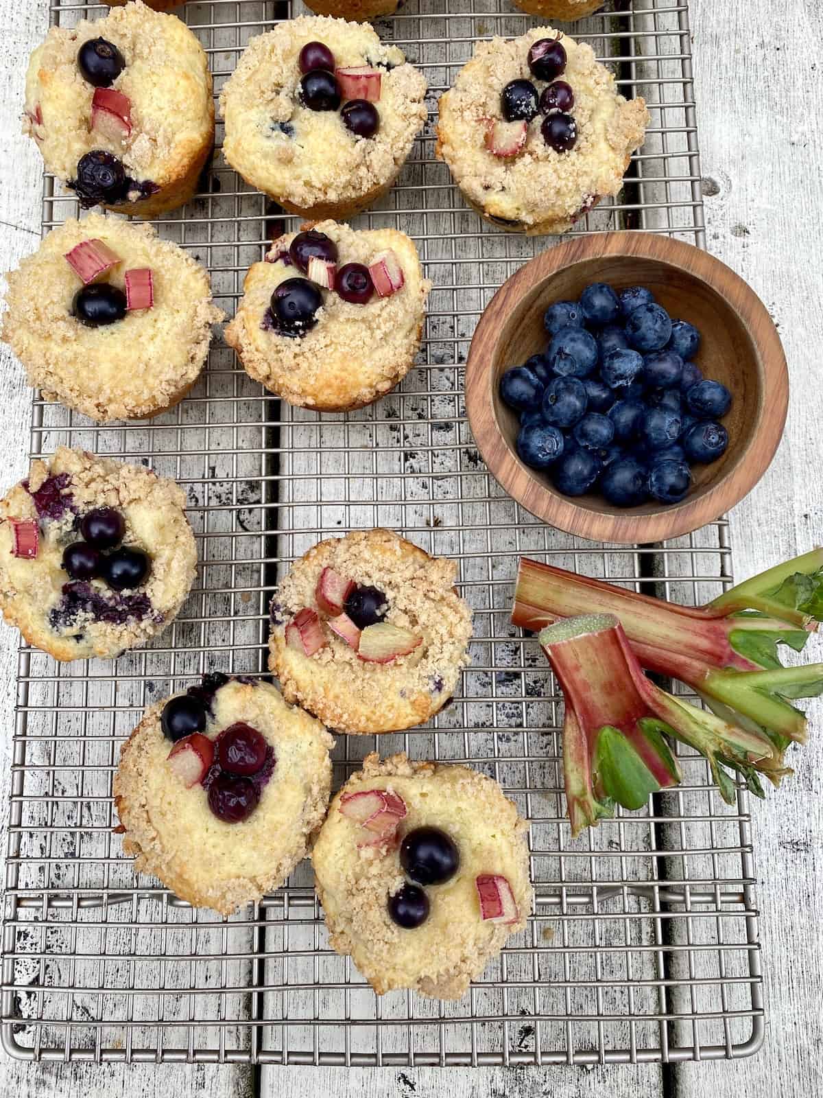 Muffins spread out on a cooling rack with a bowl on blueberries and a sprig of rhubarb on the side. 