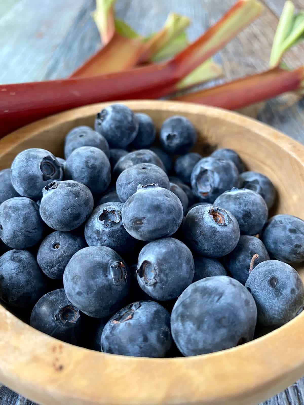 A bowl of fresh blueberries with several stalks of rhubarb in the background. 