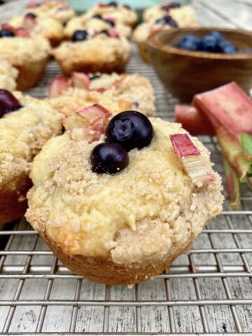 Blueberry Rhubarb muffin on a cooling rack with a bowl of blueberries in the background.
