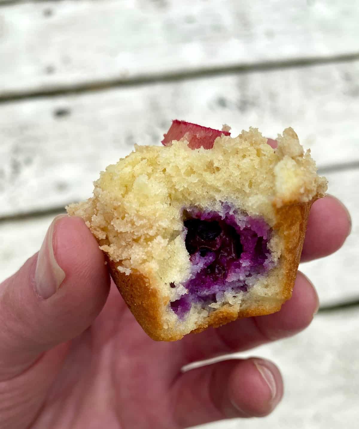 A hand holding a mini muffin with a bite taken from it. 