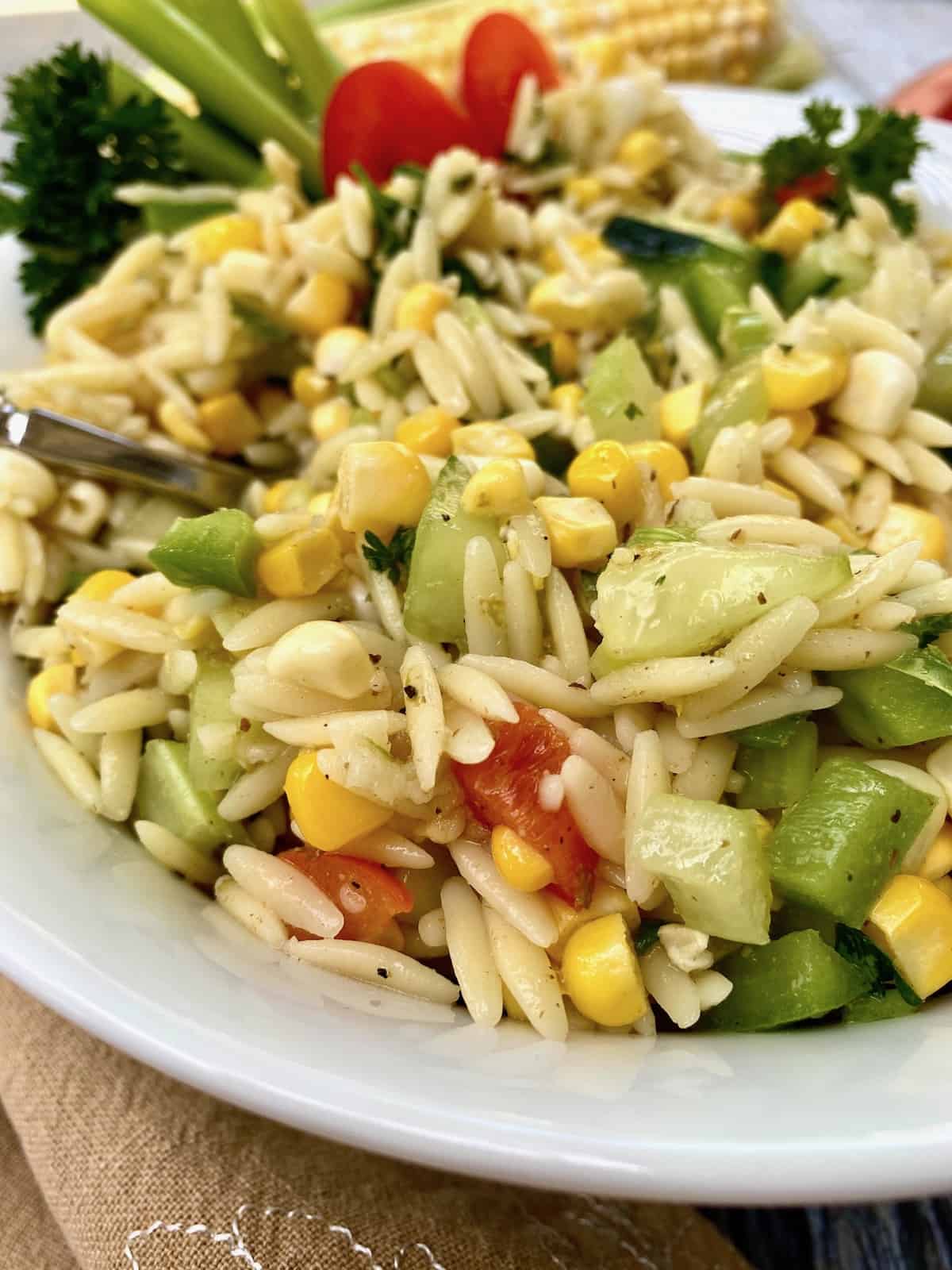 A close shot of a serving of pasta salad on a plate with a spoon on the side.