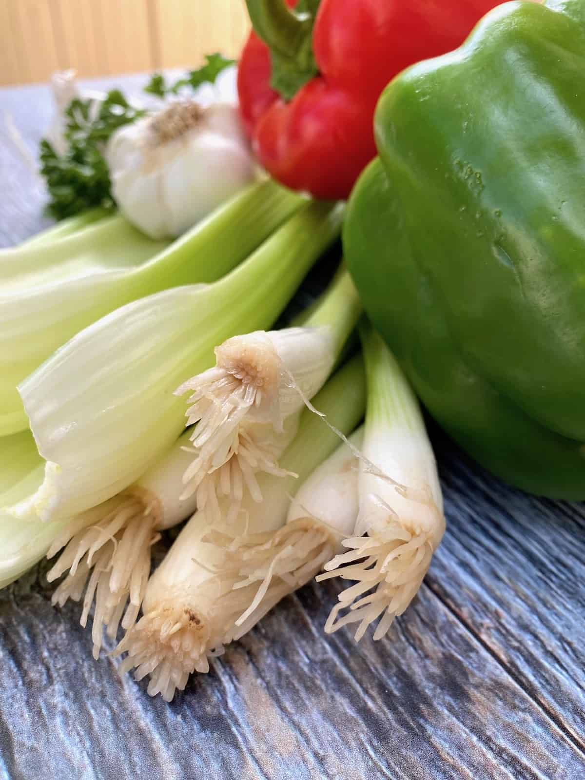 A side shot of green onions, celery and a clove of garlic alongside red and green peppers.