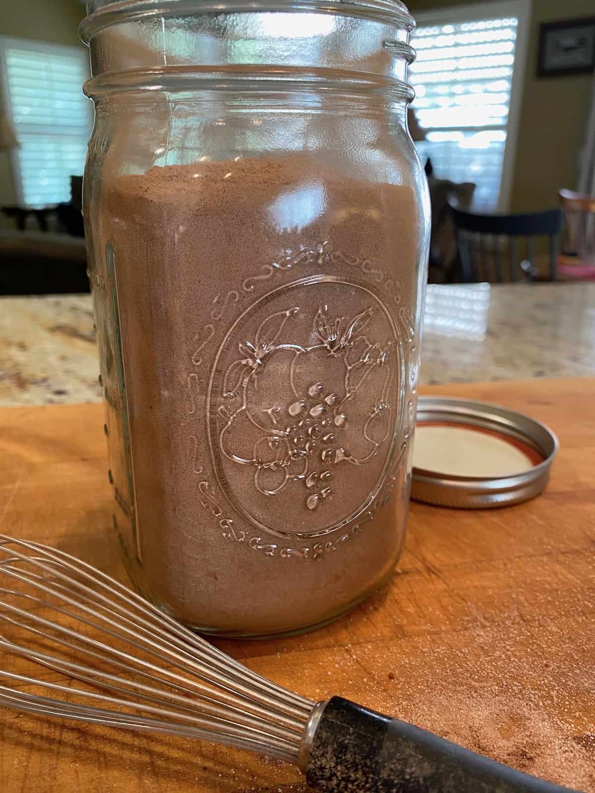 Brownie mix in a glass jar.