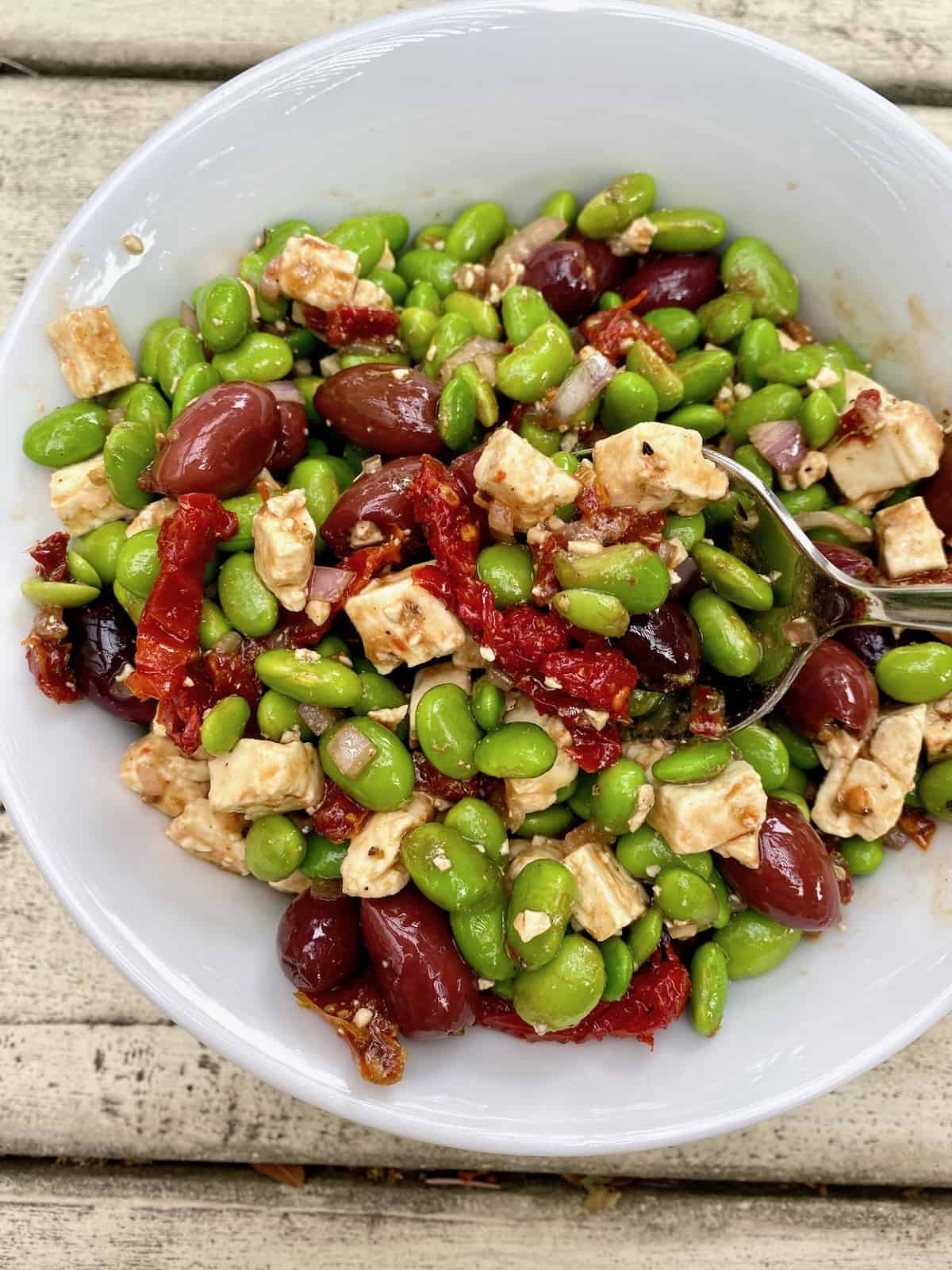 Edamame Mediterranean Salad made with balsamic salad dressing.