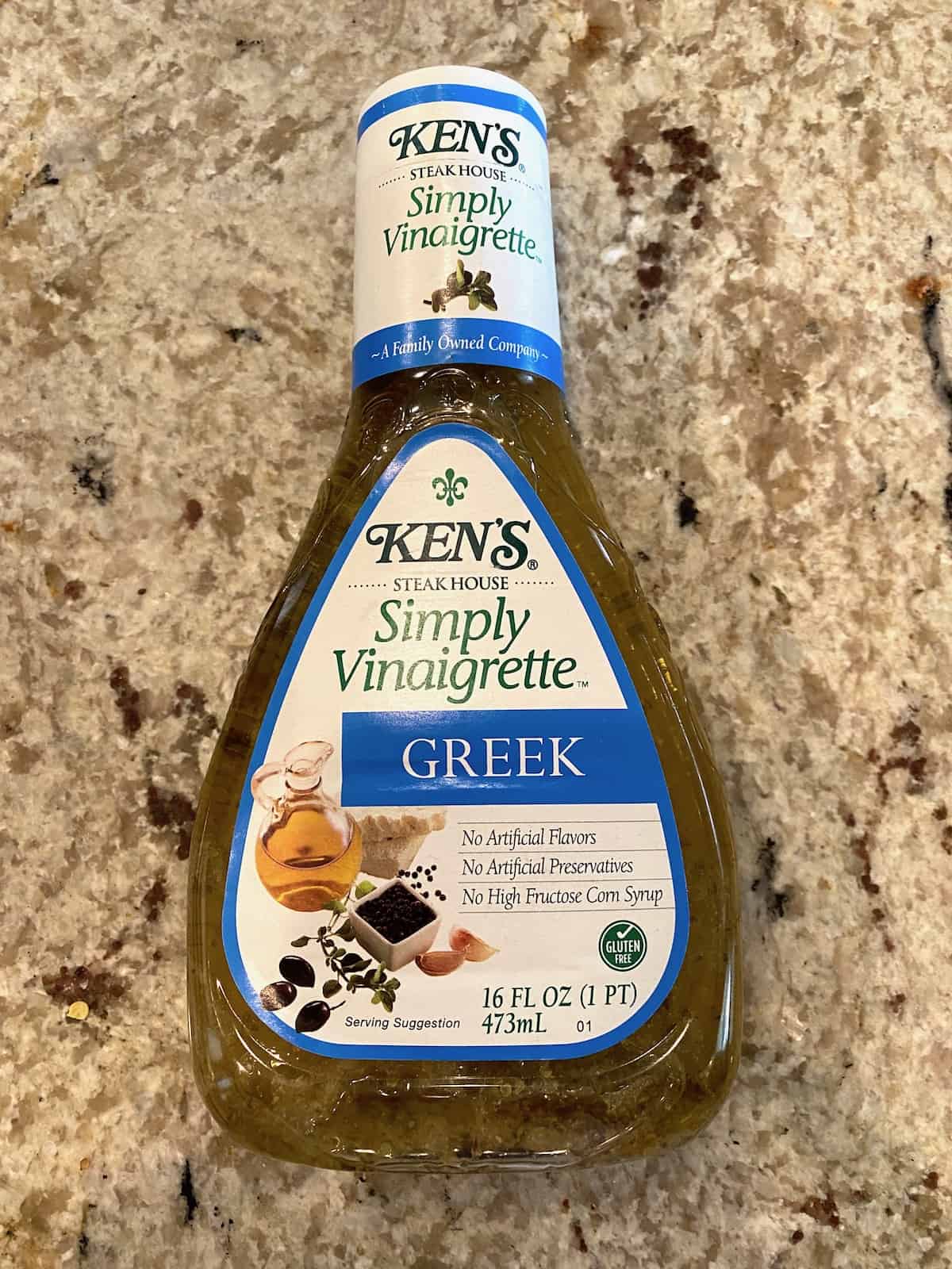 Greek vinaigrette salad dressing bottle.