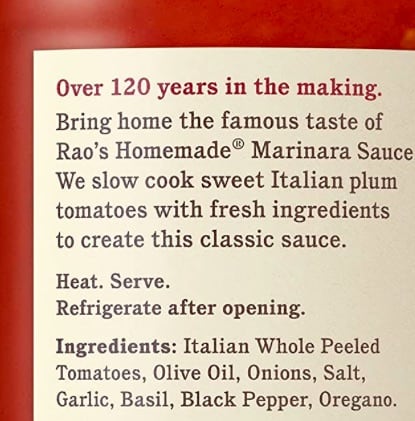 Ingredient list from Rao's.