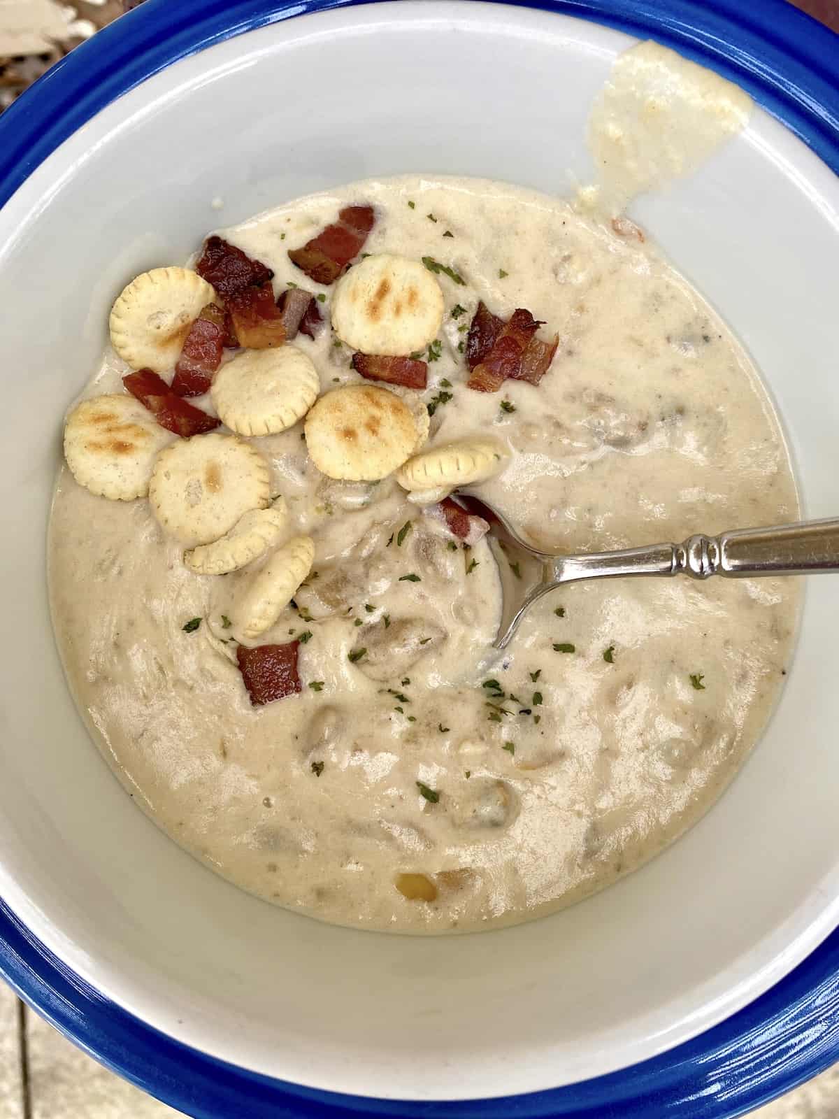 A bowl of clam chowder with bacon and crackers on top.