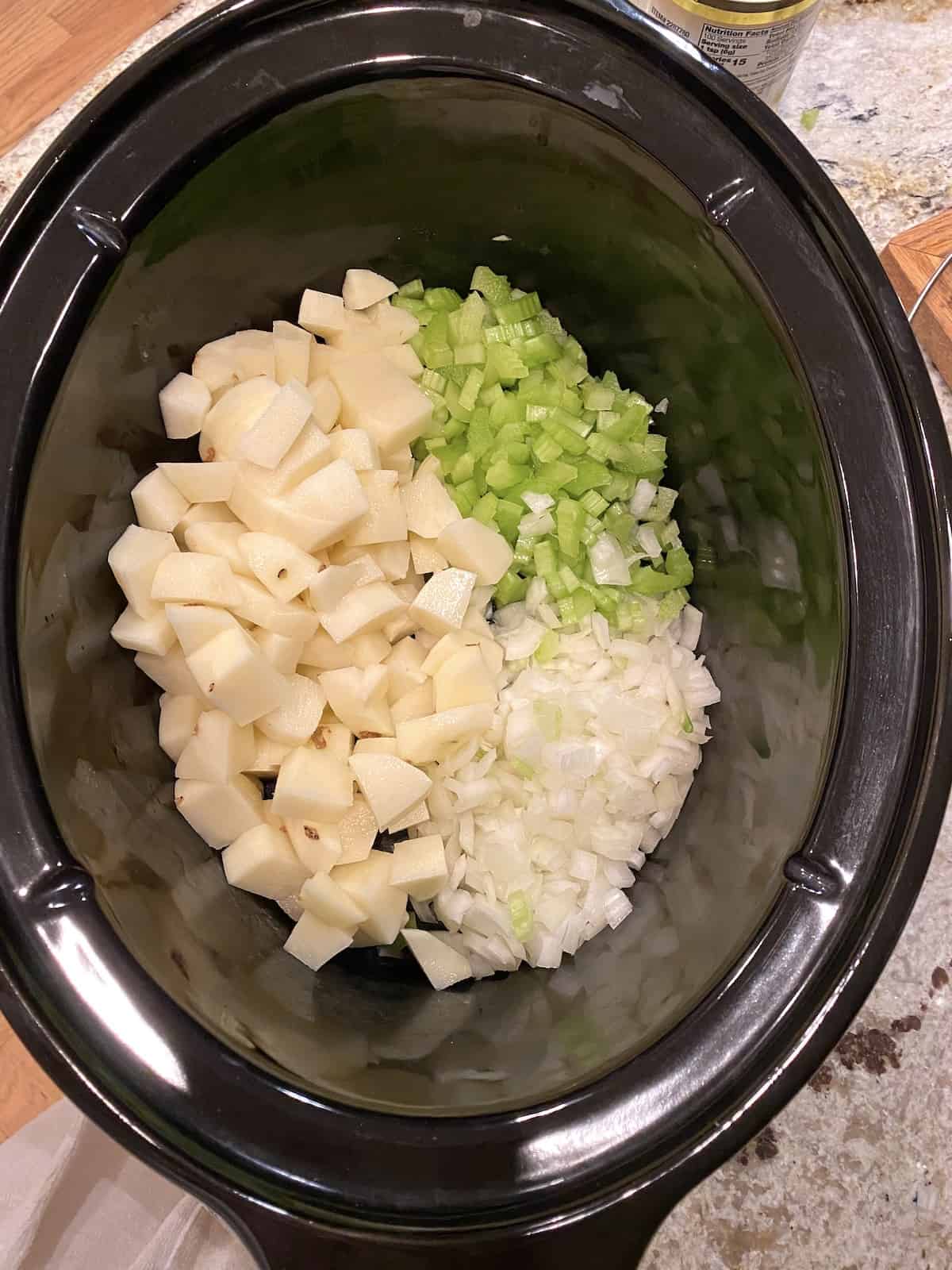 Chowder ingredients in a large crockpot.