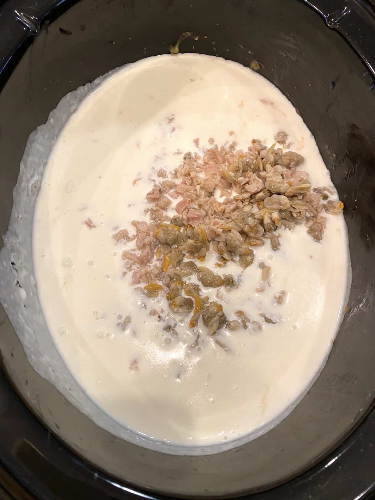 Clams placed on top of the white sauce in a crockpot.