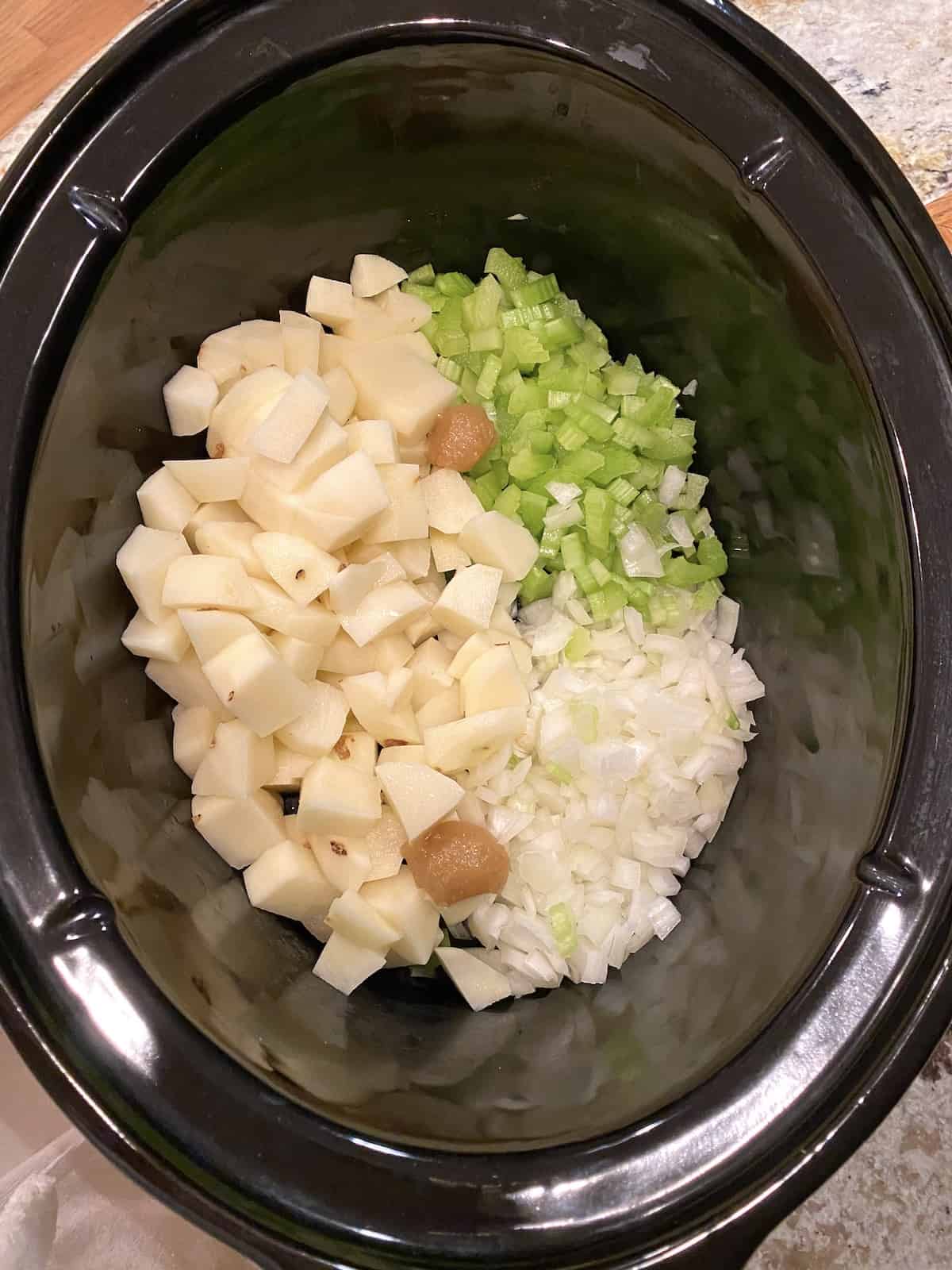 Vegetables in a crockpot, no clam juice.