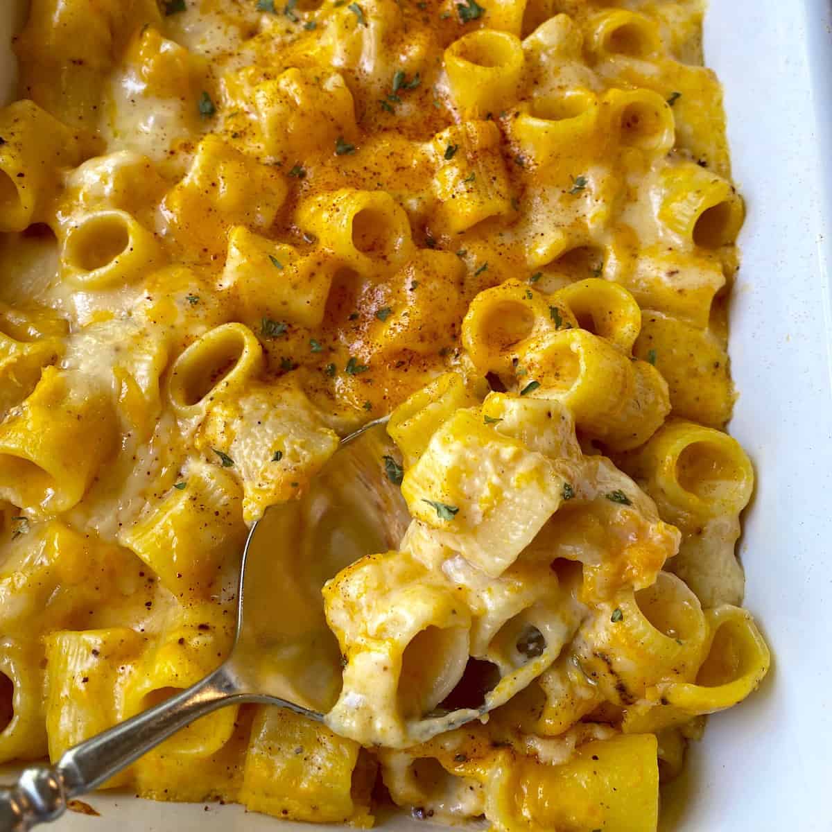 A baking dish of butternut squash mac anc cheese with a large serving spoon.