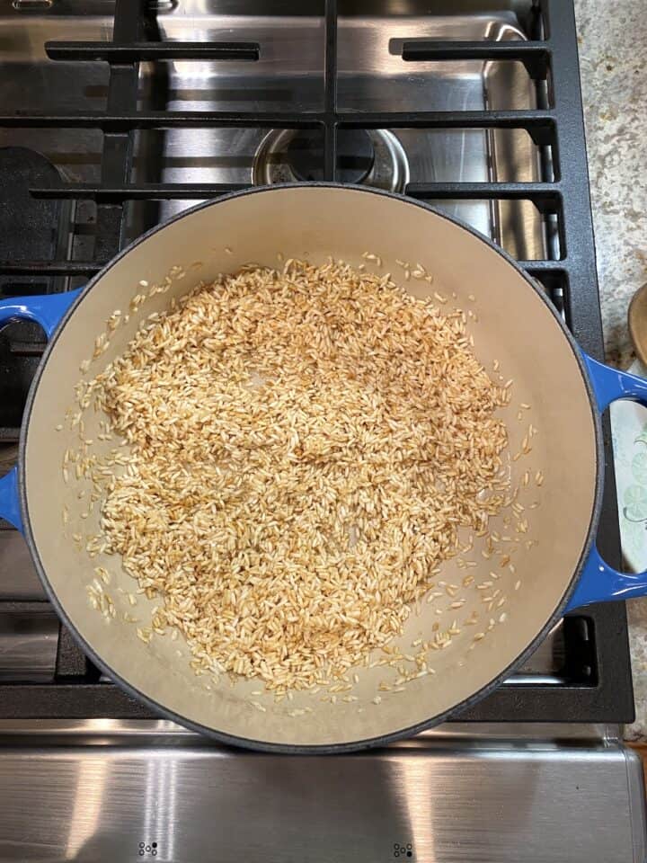 A pot of rice browned in oil.