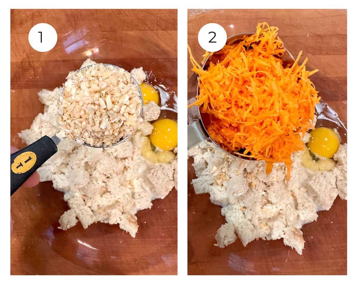 Bread cubes in a bowl with egg and a tablespoon on dried onion, and the same bowl with a scoop of grated carrots.